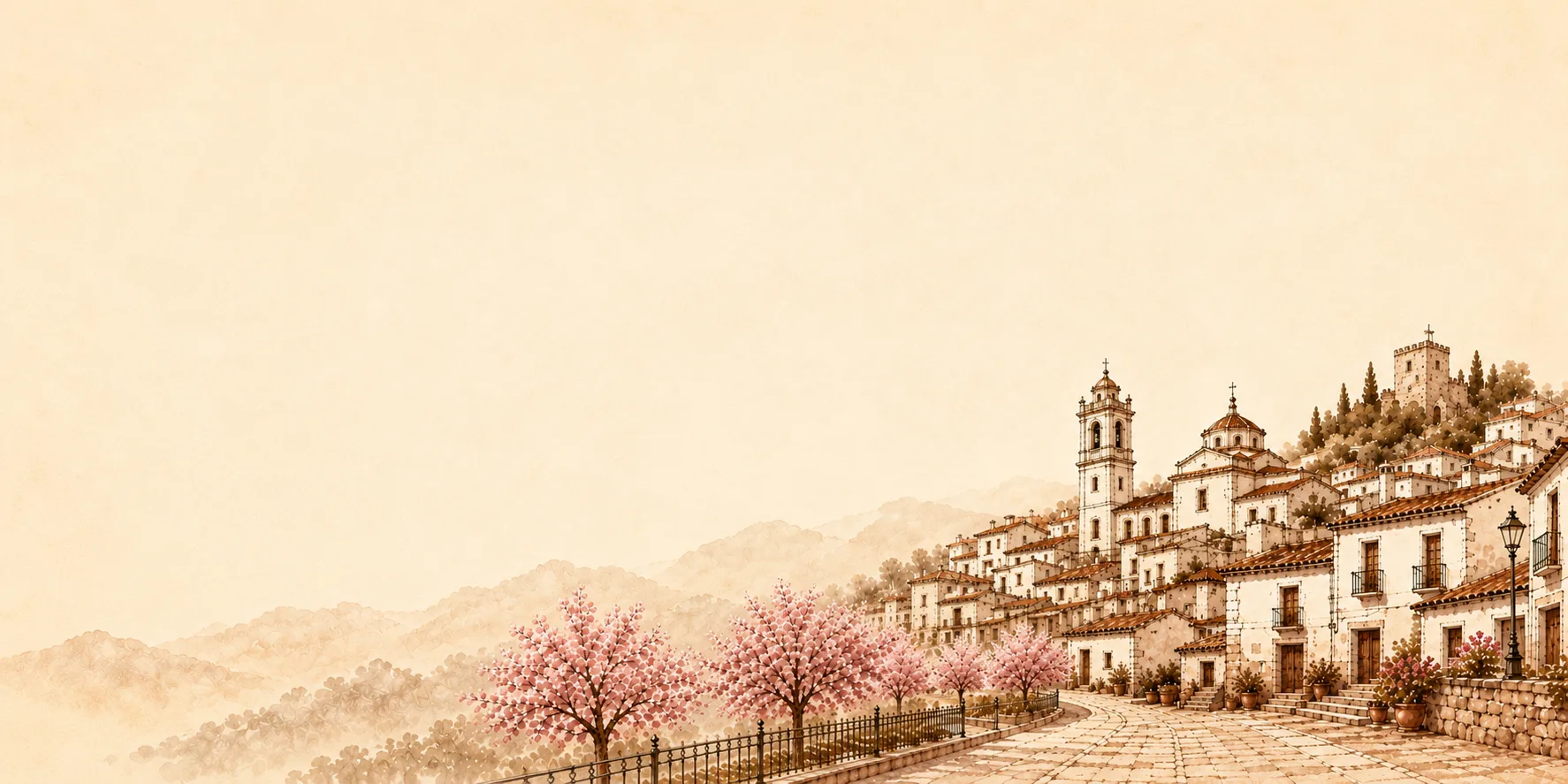 Ilustración de Aznalcóllar con cerezos para Mesón Los Monteros